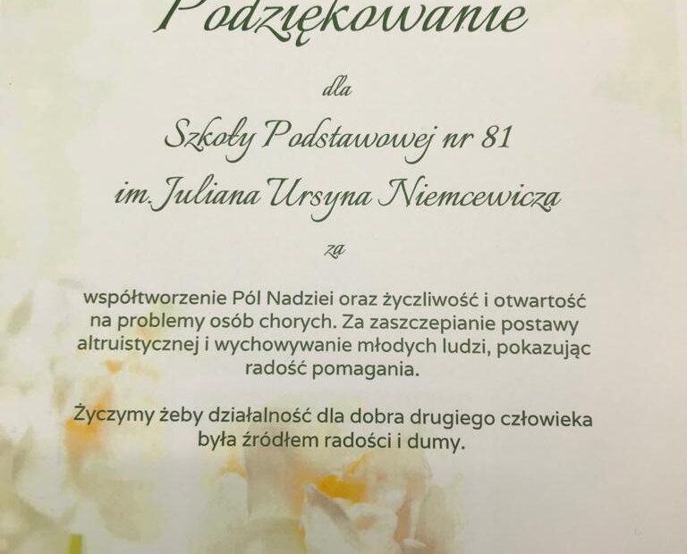 Podziękowanie za udział w akcji Pola Nadziei