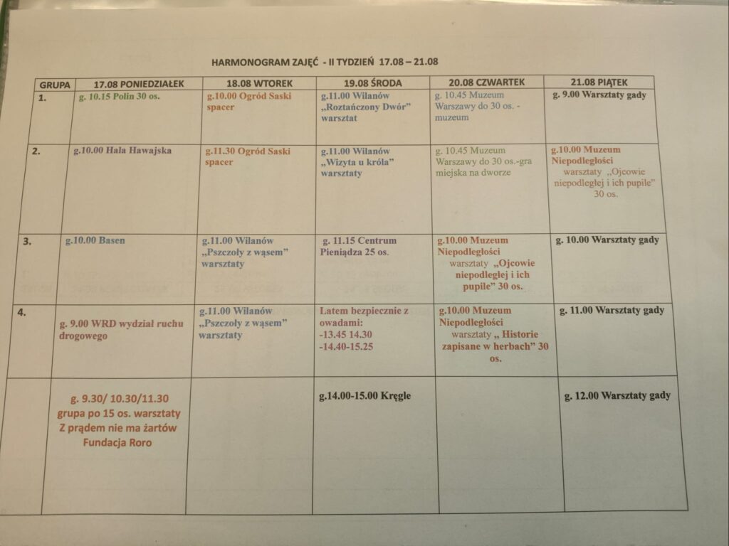 Harmonogram zajęć 17-21.08